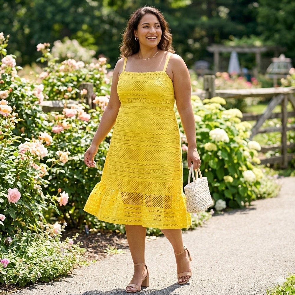 J. Crew Sunny Yellow Eyelet Crochet Lace Tiered Midi Dress Sundress Size 16